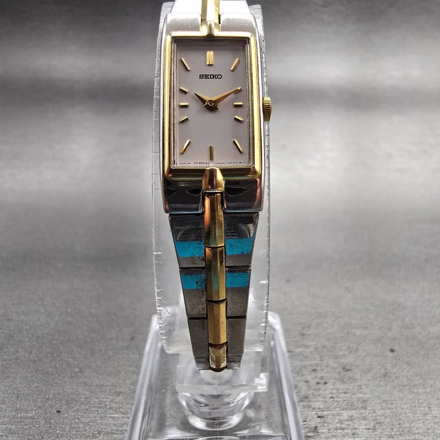 Seiko Watch Women 13mm White Dial Two Tone Rectangle 2E20-7479 New Battery VTG5