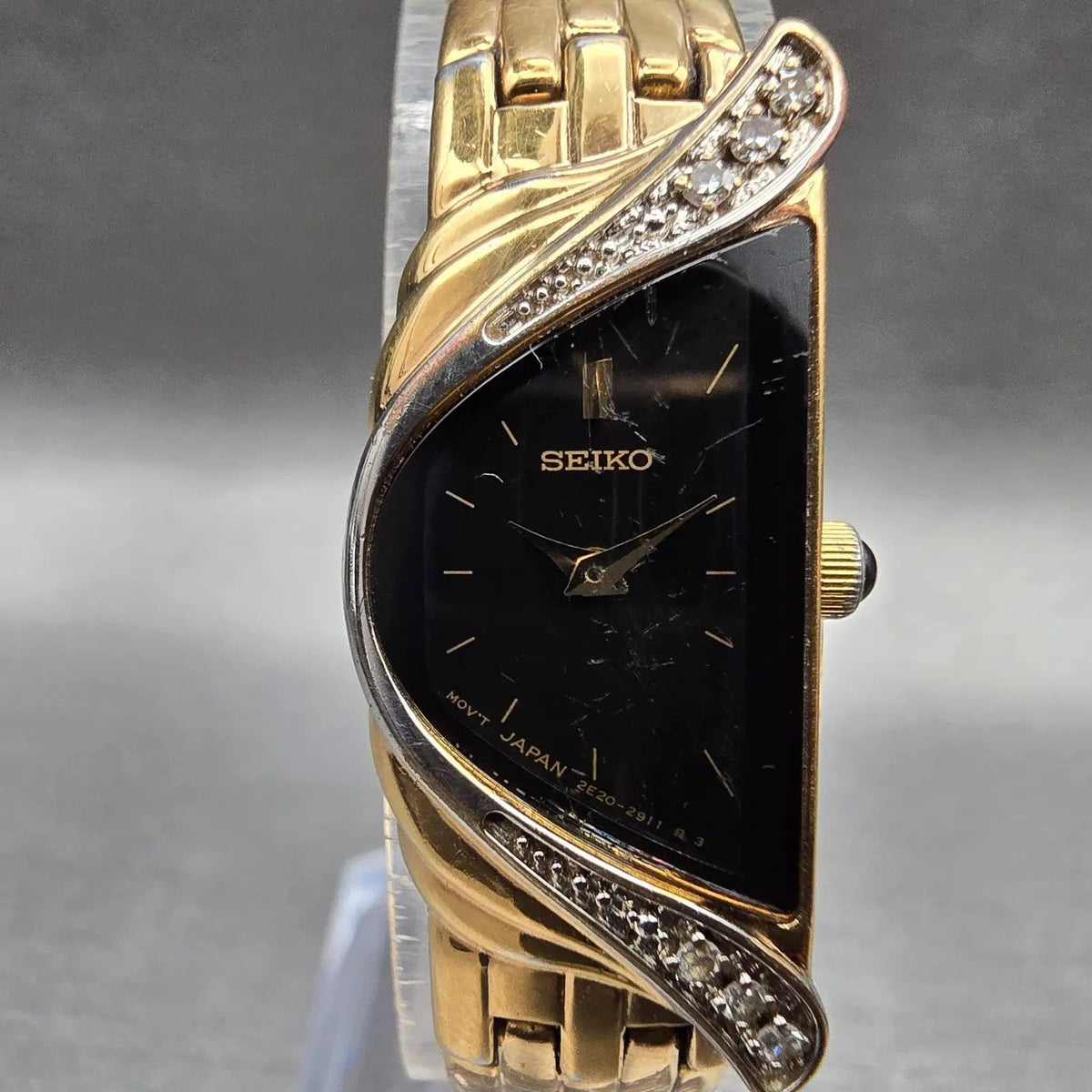 Seiko Half Moon Watch Women 14mm Black Dial Gold Diamonds 2E20-7309 New Battery1