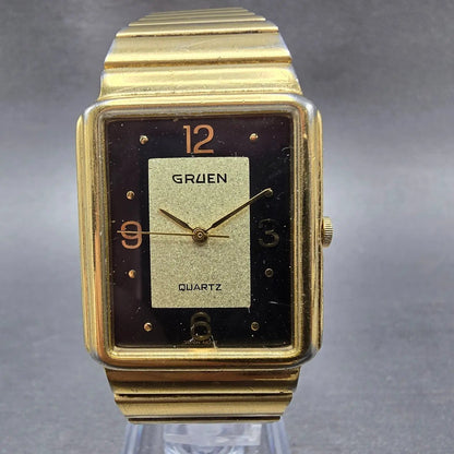 Gruen Tank Watch Men 27mm Black & Gold Dial Gold Tone Rectangle New Battery0