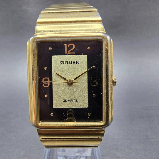Gruen Tank Watch Men 27mm Black & Gold Dial Gold Tone Rectangle New Battery0