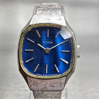 Citizen Watch Women 19mm Blue Dial Silver Tone Oval 4-676173 Manual Wind Vintage1