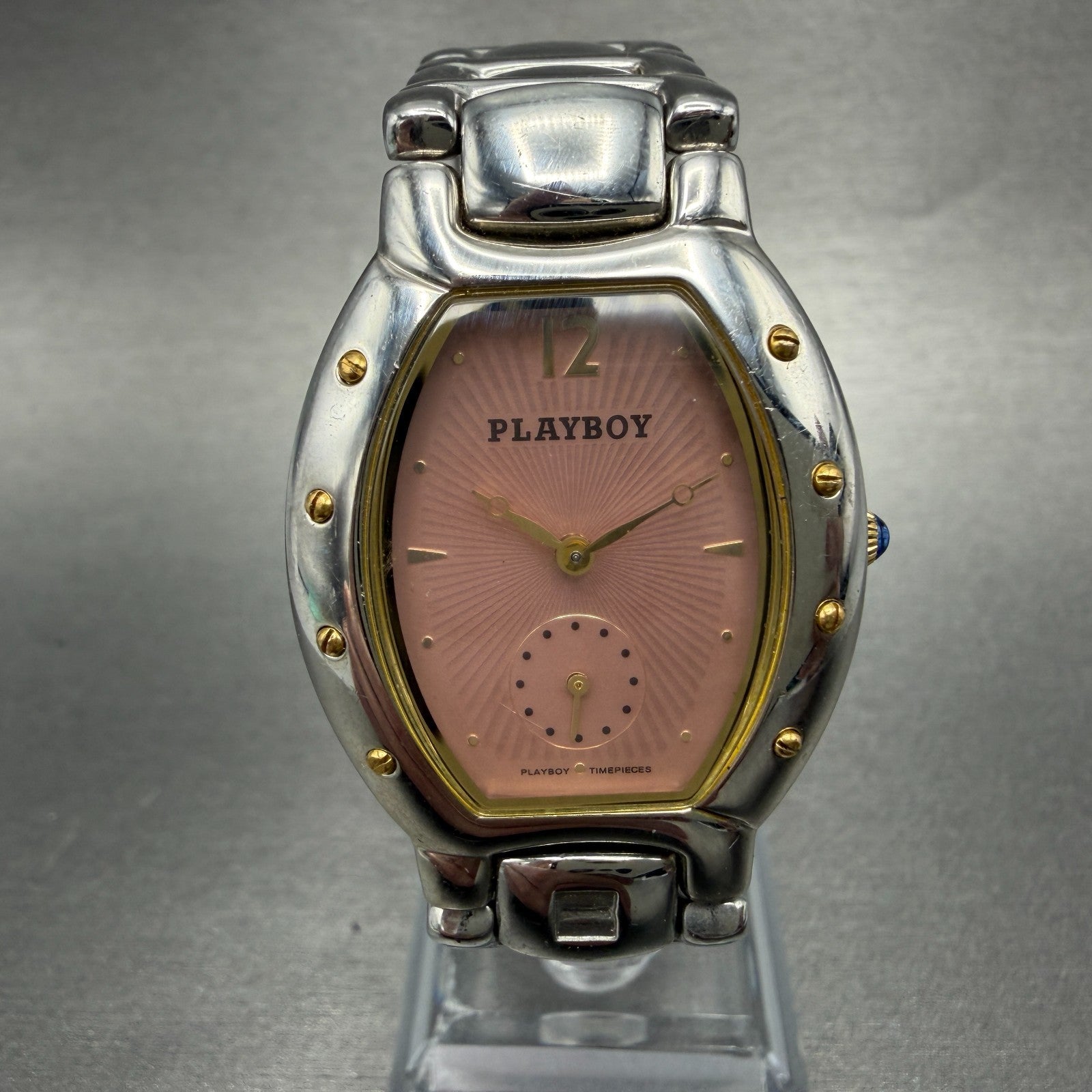 Playboy Watch Unisex 29mm Pink Dial Silver Tone Oval Small Seconds New battery0