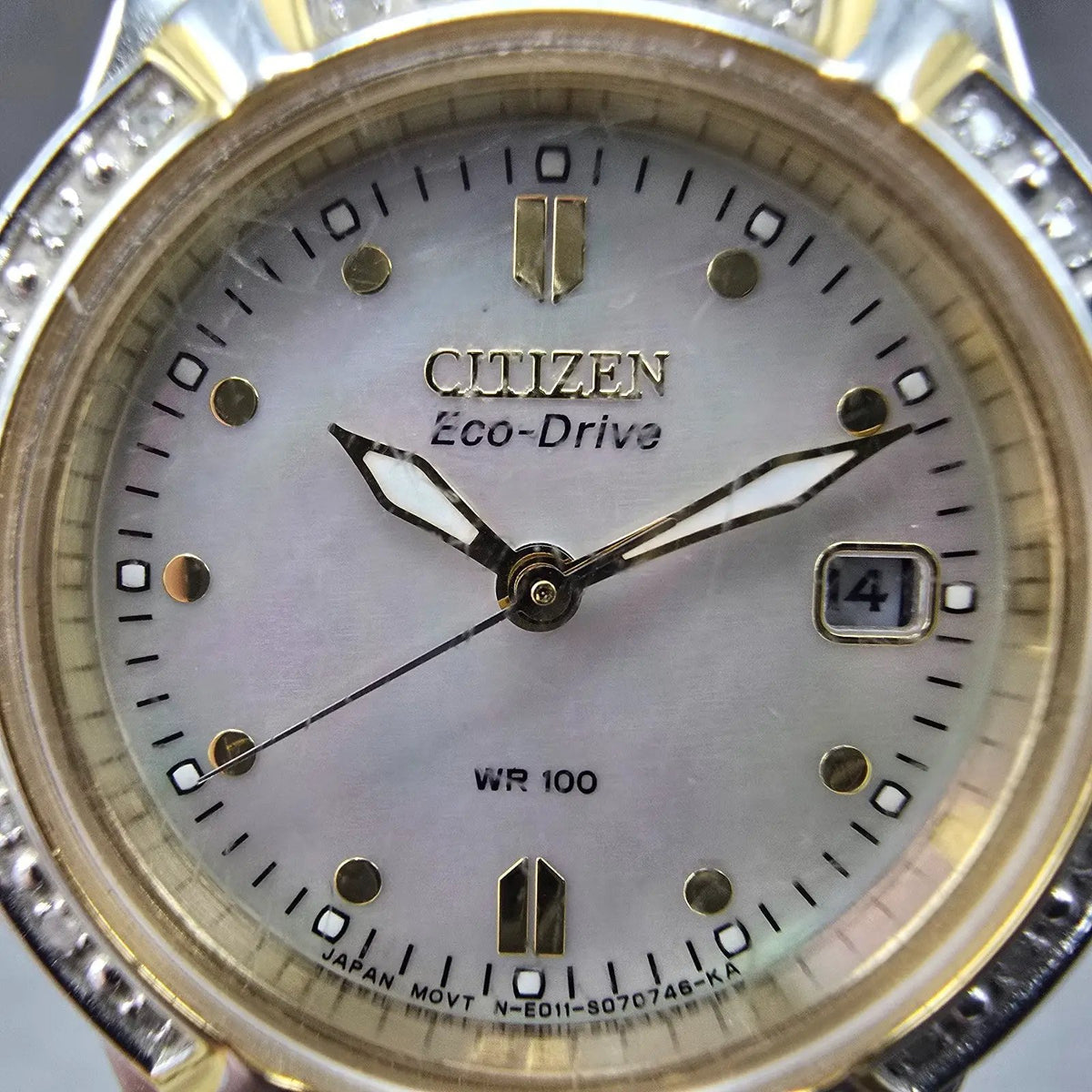 Citizen Eco-Drive Riva Watch Women 27mm MOP Dial Two Tone Gemmed E011-S044235 JP1