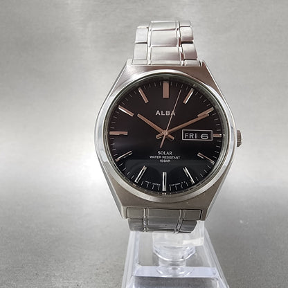 Seiko ALBA Solar Watch Men 36mm Black Dial Silver Tone Daydate Round V158 Runs5