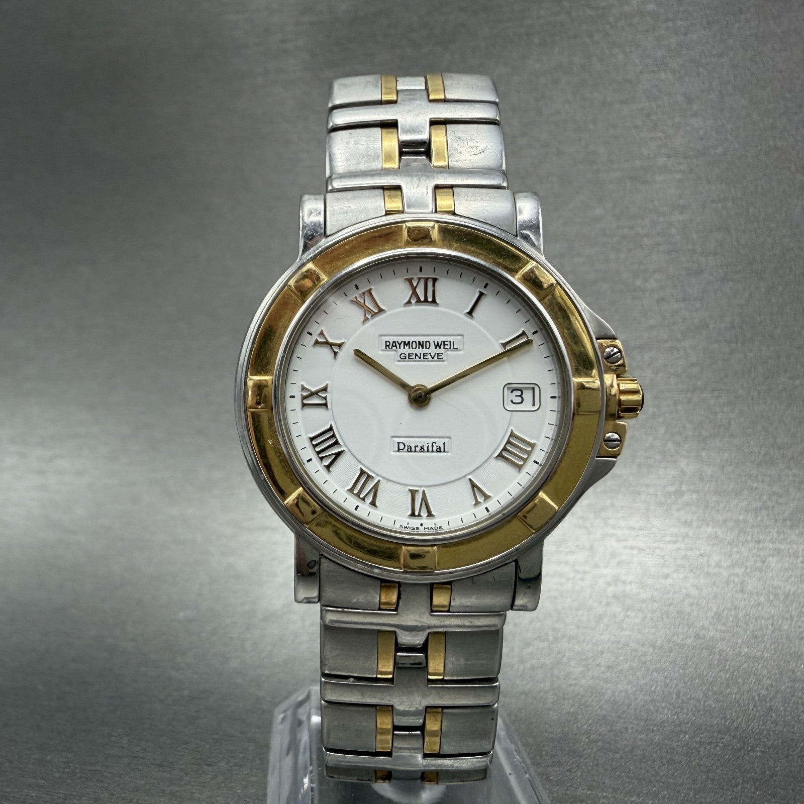 Raymond Weil Parsifal Watch Men 35mm White Dial Two Tone Date Round New Bat 95305