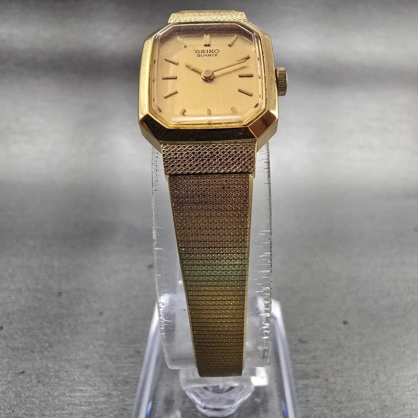 Seiko Watch Women 17mm Gold Dial Gold Tone Octagon 4N00-5139 New Battery VTG5