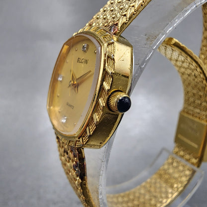 Elgin Watch Women 22mm Gold Dial Gold Tone Rectangle FK267 New Battery VTG2