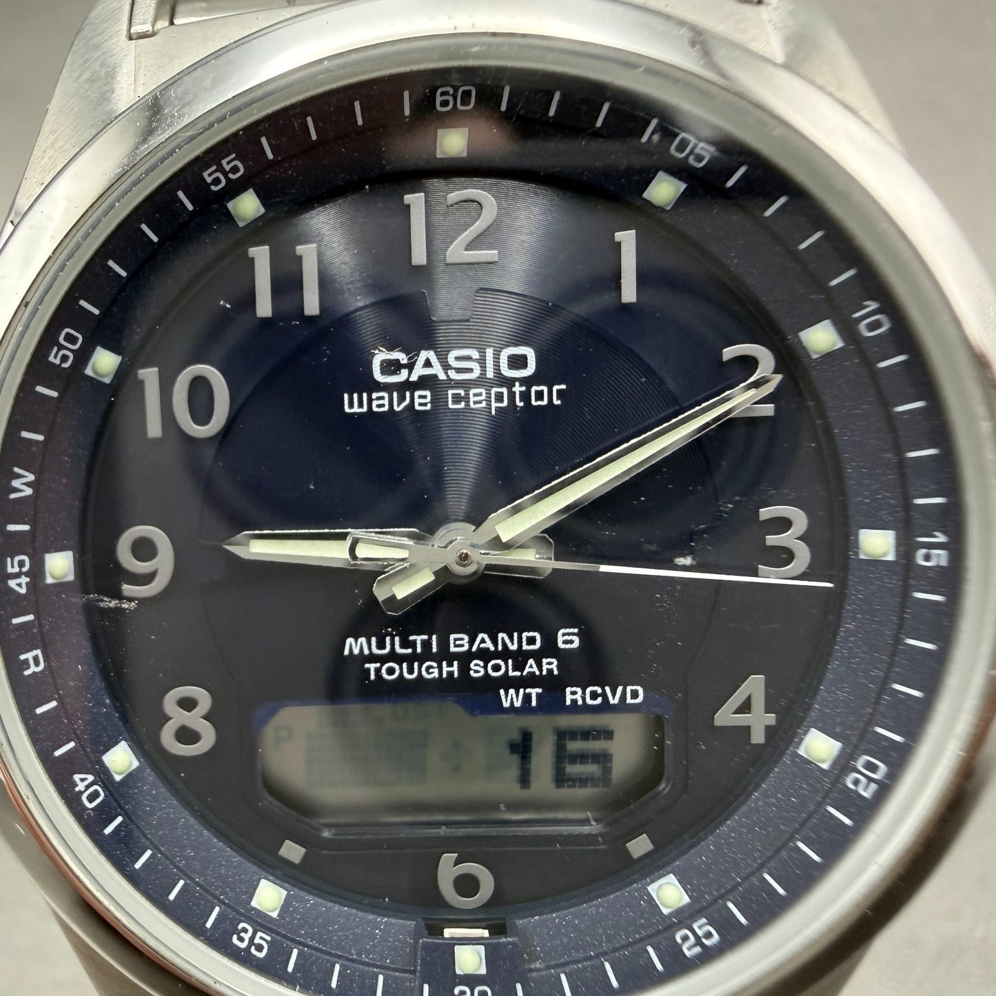 Casio Wave Ceptor Watch Men 42mm Blue Dial Steel Solar Analog Digital Works ABC1