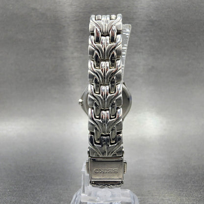 Seiko Solar Watch Women 27mm MOP Dial Steel Date Round Crystal Bezel Runs7