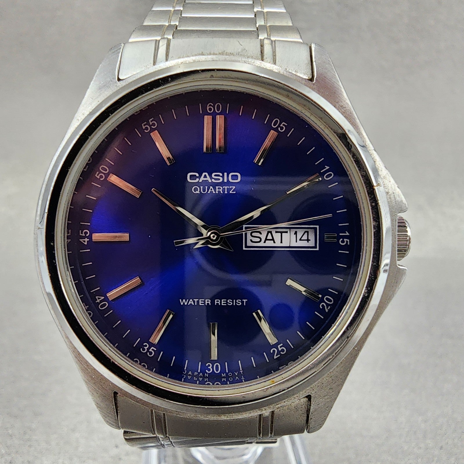 Casio Watch Men 37mm Blue Dial Silver Tone Daydate MTP1239DJ New Battery1