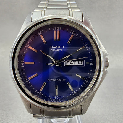Casio Watch Men 37mm Blue Dial Silver Tone Daydate MTP1239DJ New Battery1