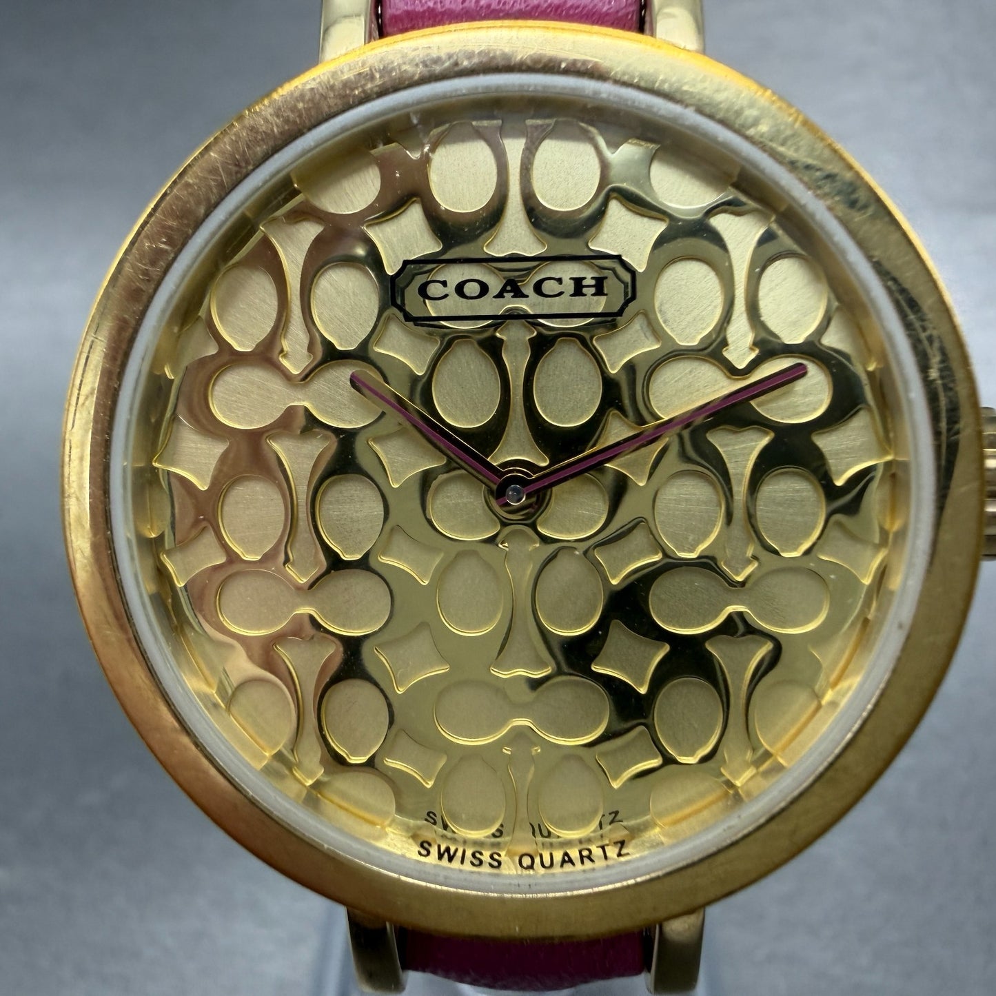 Coach Watch Women 33mm Gold Dial Gold Tone Round Pink Band New Battery1