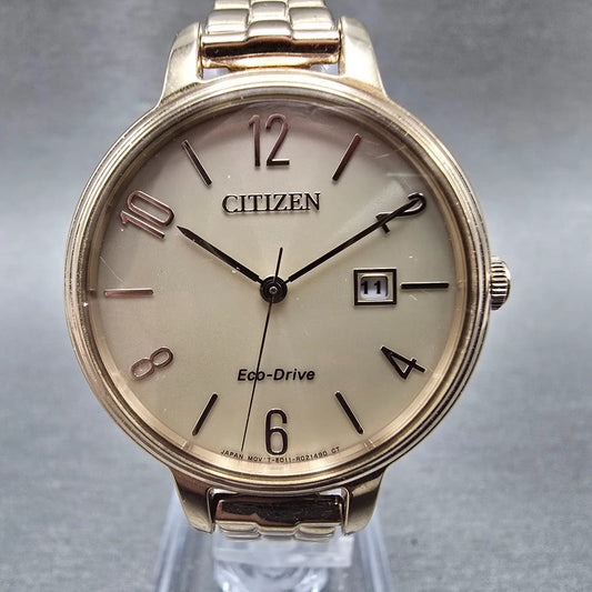 Citizen Eco-Drive Watch Women 31mm Beige Dial Rose Gold Tone Date Round Runs0