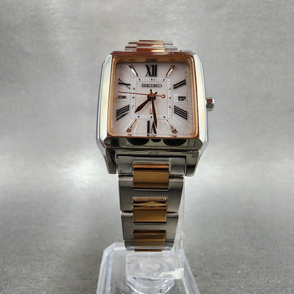 Seiko Lukia Tank Watch Women 26mm White Dial Two Tone Date Atomic Solar Runs5