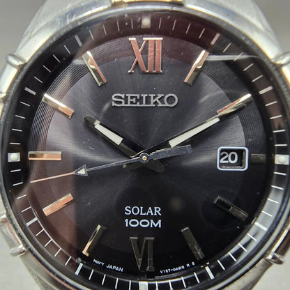 Seiko Solar Watch Men 38mm Black Dial Silver Tone Date Round V157-0AM0 Works L1