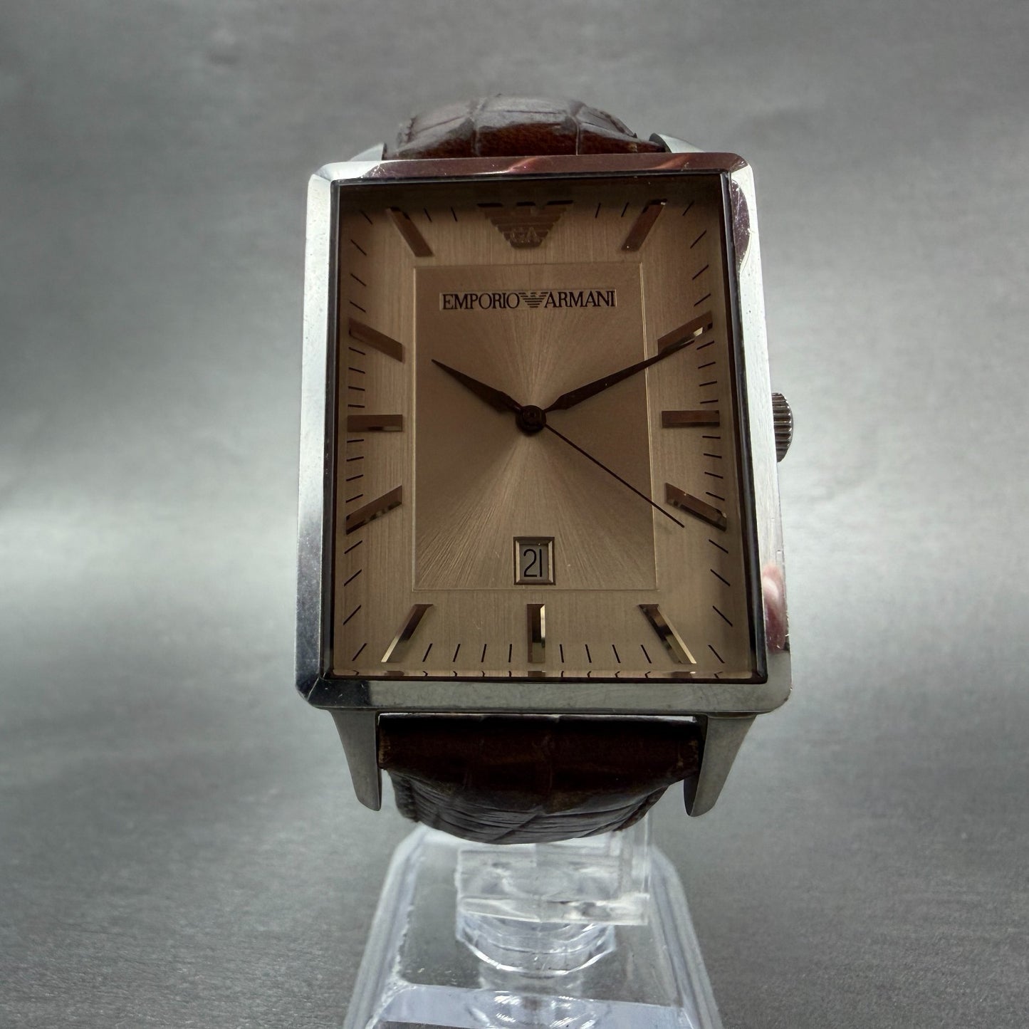 Emporio Armani Tank Watch Men 33mm Gray Dial Silver Tone Date AR-2419 New Batt5