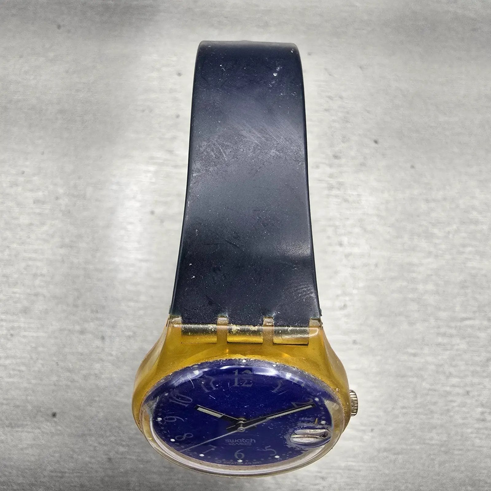 Swatch Blu-Lui Watch Men 34mm Blue Dial Clear Case Date Round GK400 New Bat4