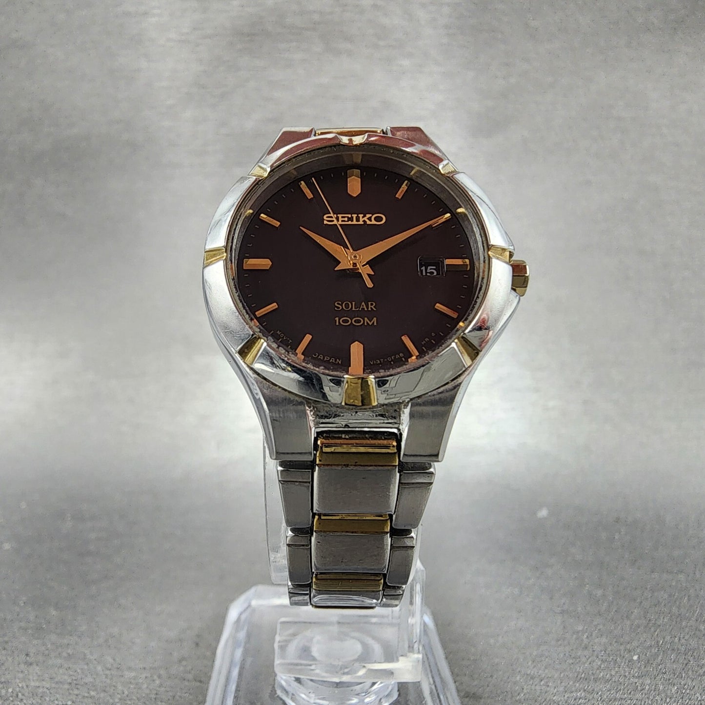 Seiko Solar Watch Women 27mm Black Dial Two Tone Date Round V1370CH0 Works5