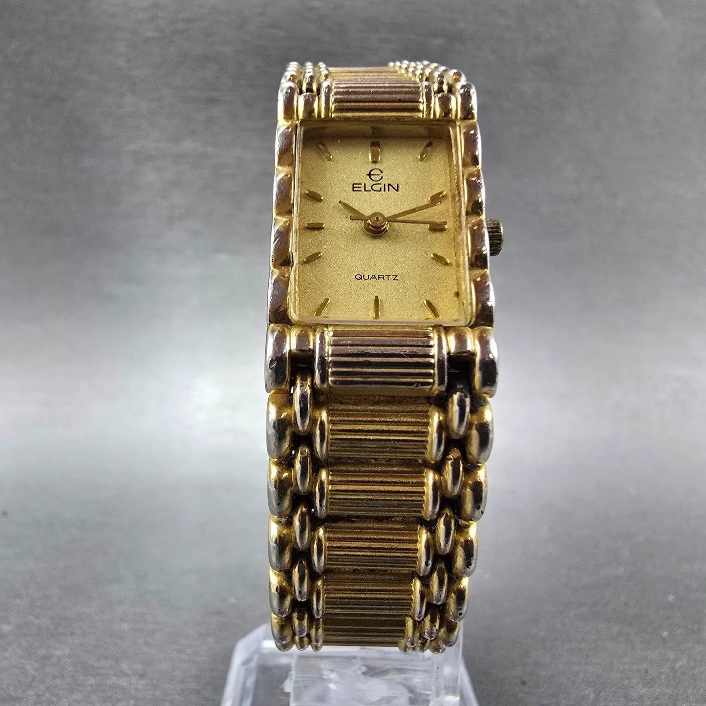 Elgin Tank Watch Women 16mm Gold Dial Gold Tone Rectangle New Battery EM898-0176