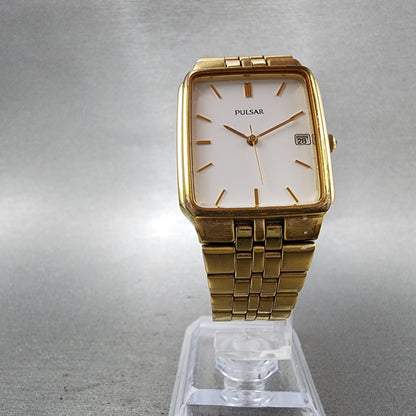 Pulsar Tank Watch Men 27mm White Dial Gold Tone Date Rectangle VX32X154 New Bat5