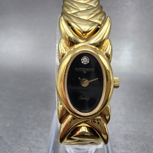 Wittnauer Watch Women 15mm Black Dial Gold Tone Oval Bracelet New Battery0