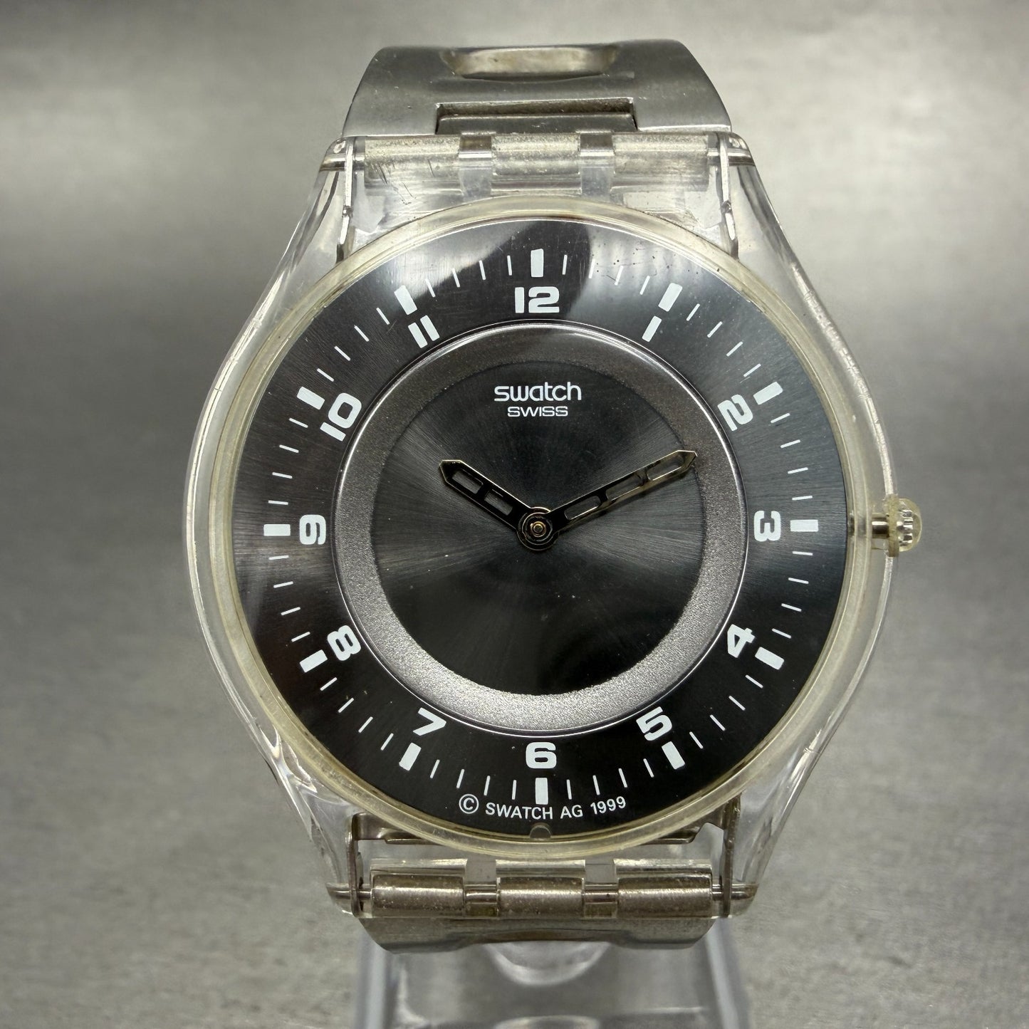 Swatch Skin Simple Like Watch Unisex 34mm Gray Dial Clear Case Round New Battery0