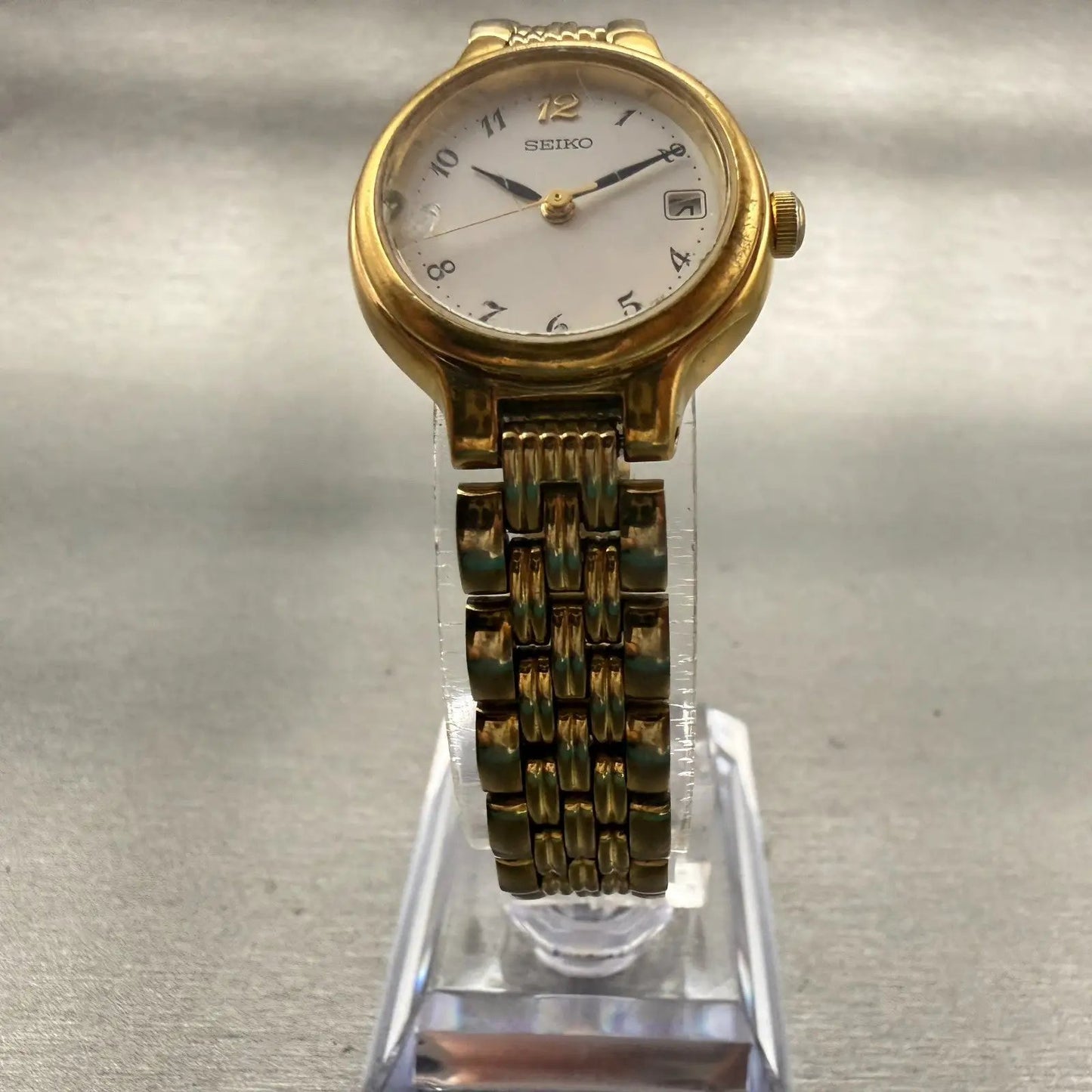 Seiko Watch Women 23mm White Dial Gold Tone Date Round 7N82-0228 New Battery VTG5