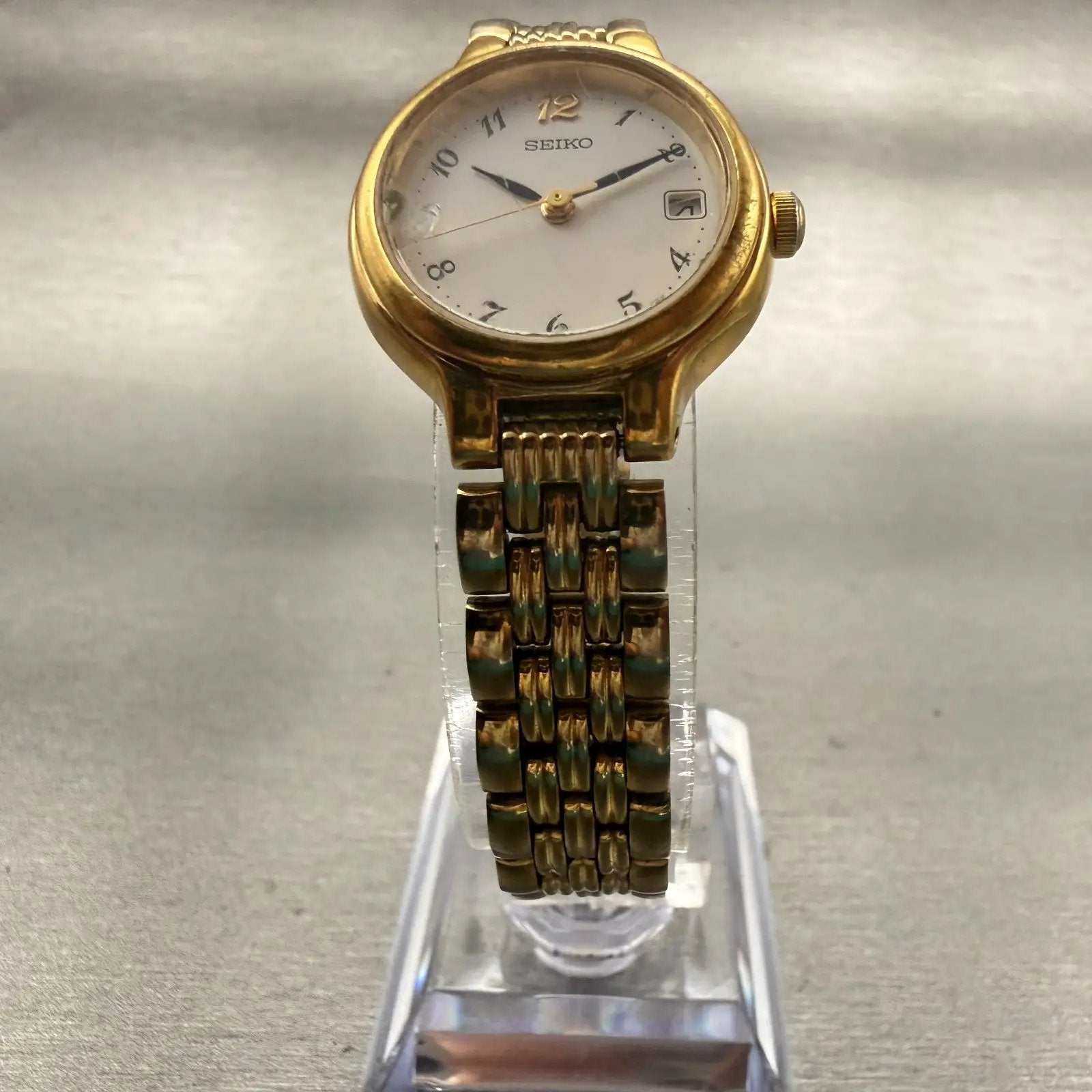 Seiko Watch Women 23mm White Dial Gold Tone Date Round 7N82-0228 New Battery VTG5