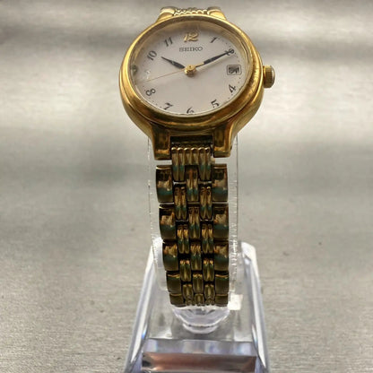 Seiko Watch Women 23mm White Dial Gold Tone Date Round 7N82-0228 New Battery VTG5