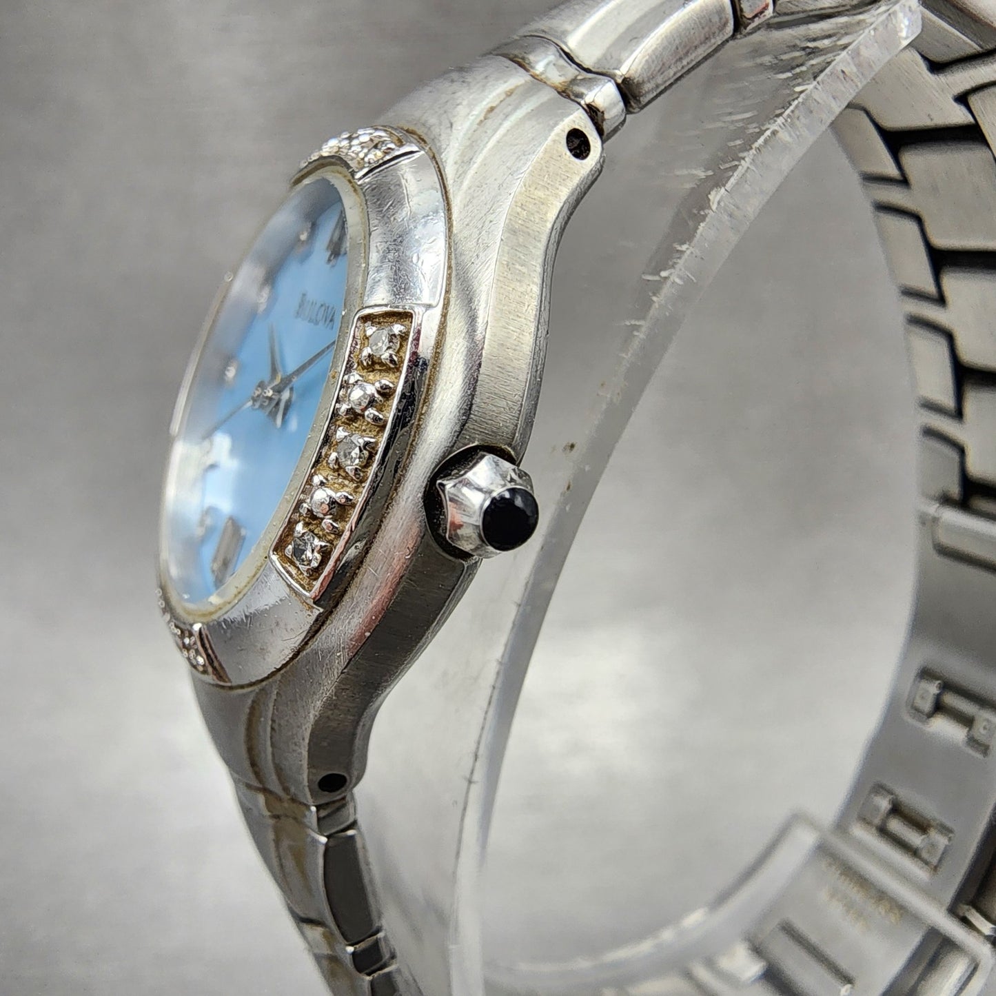 Bulova Watch Women 26mm Blue Dial Steel Diamond Date Round 96R02 New Battery2