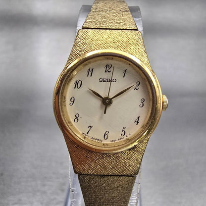 Seiko Watch Women 19mm Ivory Dial Gold Tone Round V401-1819 New Battery Vintage0