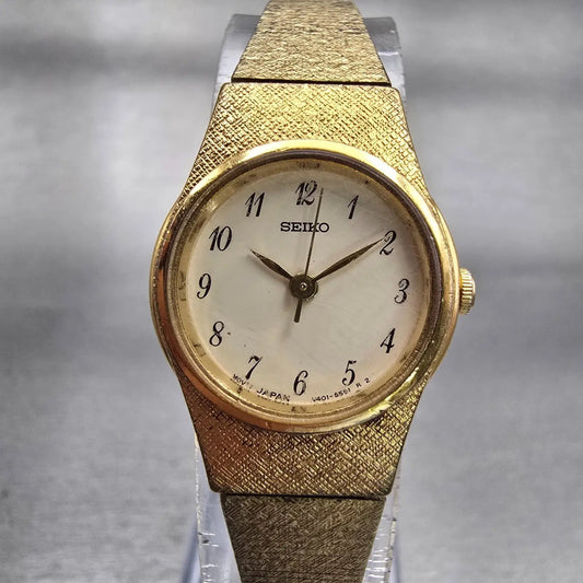 Seiko Watch Women 19mm Ivory Dial Gold Tone Round V401-1819 New Battery Vintage0