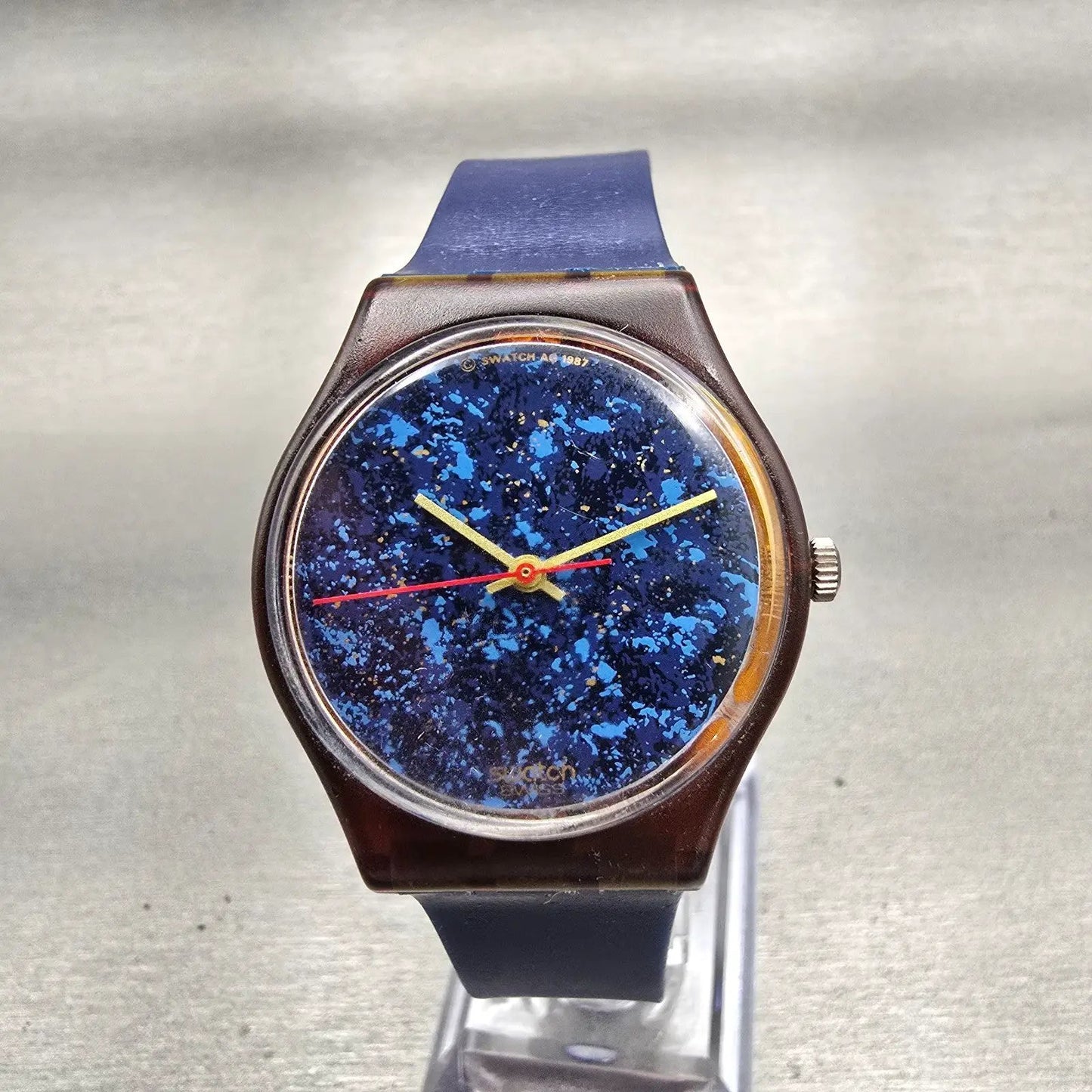 Swatch Gent LAZULI Watch Men 34mm Blue Dial Brown Case GF101 New Battery VTG0