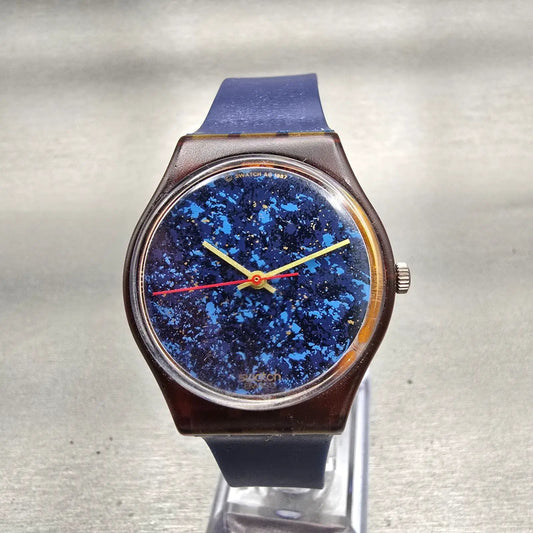 Swatch Gent LAZULI Watch Men 34mm Blue Dial Brown Case GF101 New Battery VTG0