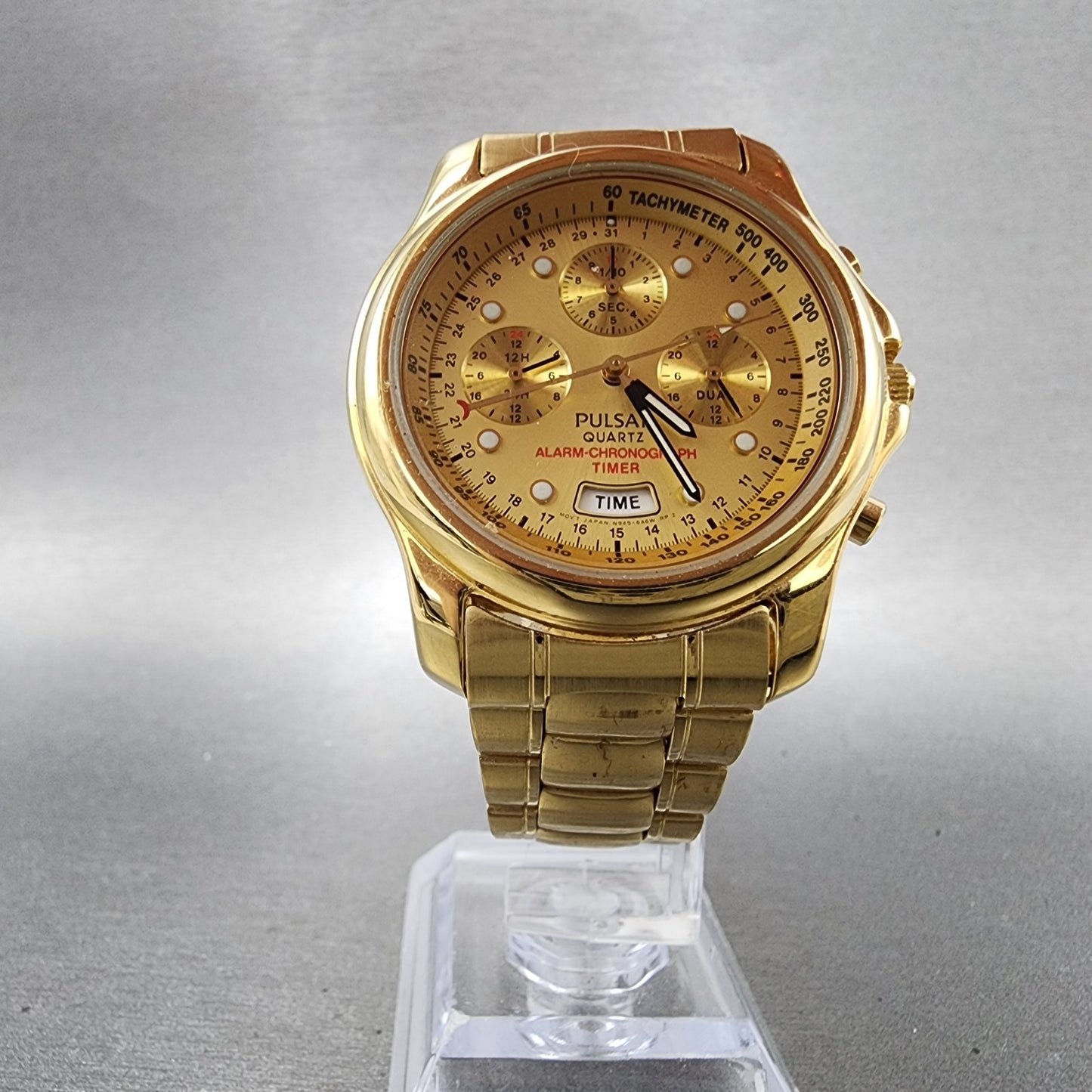 Seiko Pulsar Chronograph Watch Men 39mm Gold Dial Gold Tone Alarm Date New Batt5