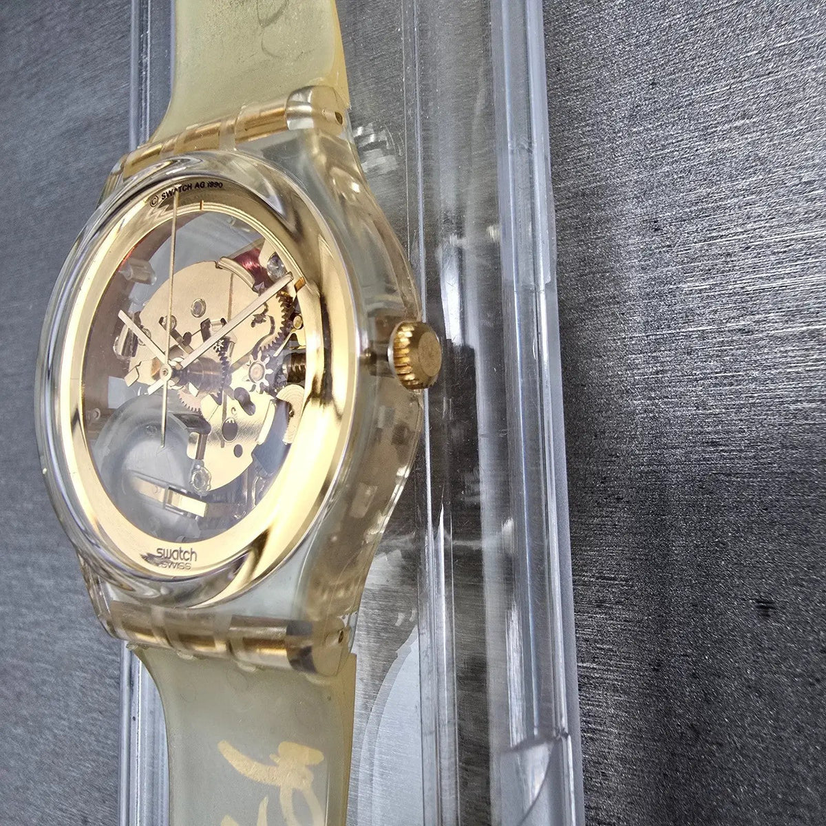 Swatch Golden Jelly Watch Men 34mm Skeleton Dial Clear Case GZ115 New Batt NOS4