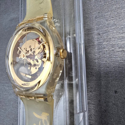 Swatch Golden Jelly Watch Men 34mm Skeleton Dial Clear Case GZ115 New Batt NOS4