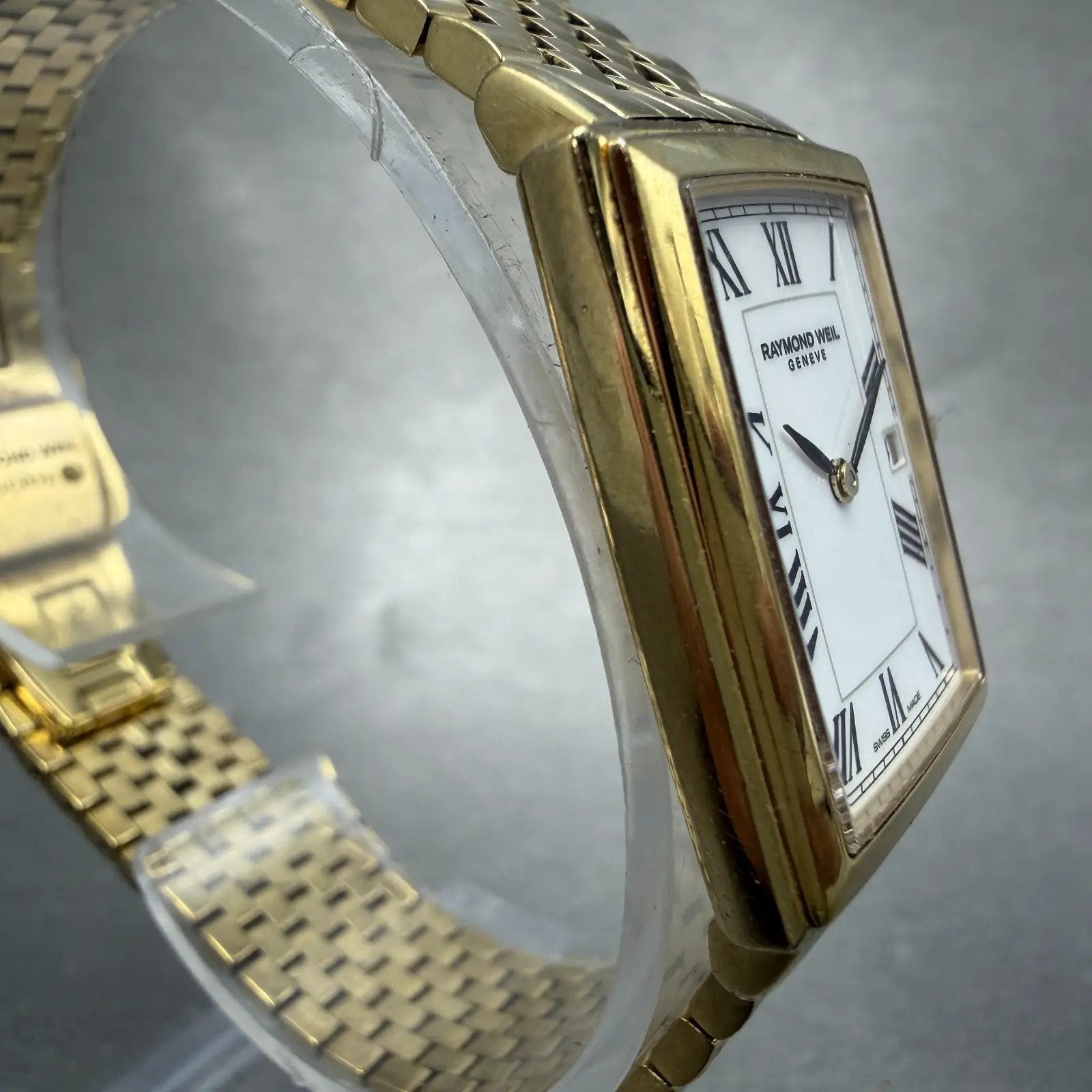 Raymond Weil Tradition Tank Watch Women 24mm White Dial Gold Tone Date 5956 Runs3