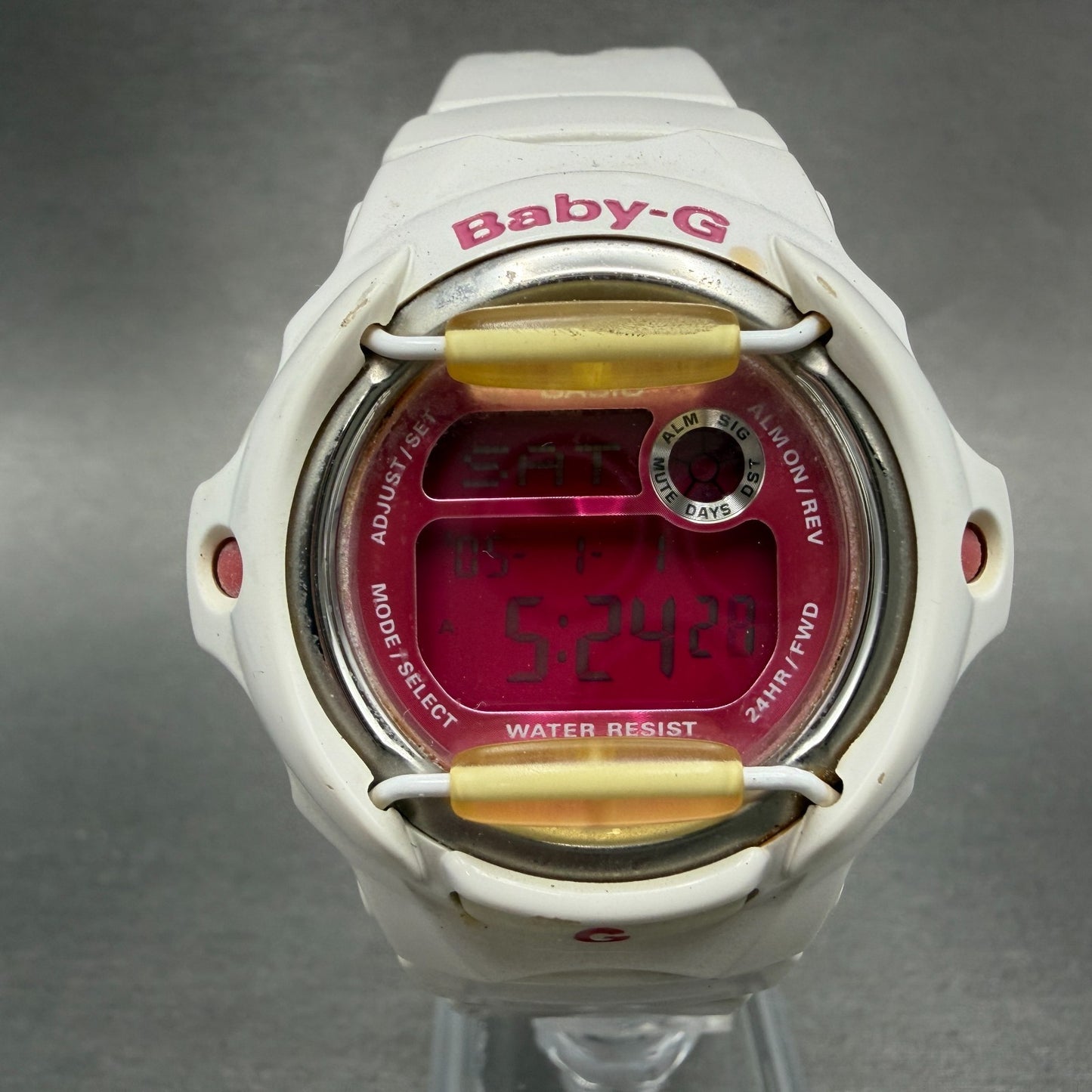 Casio Baby-G Watch Women 43mm White Pink Digital Alarm Chrono BG-169R New Batt0