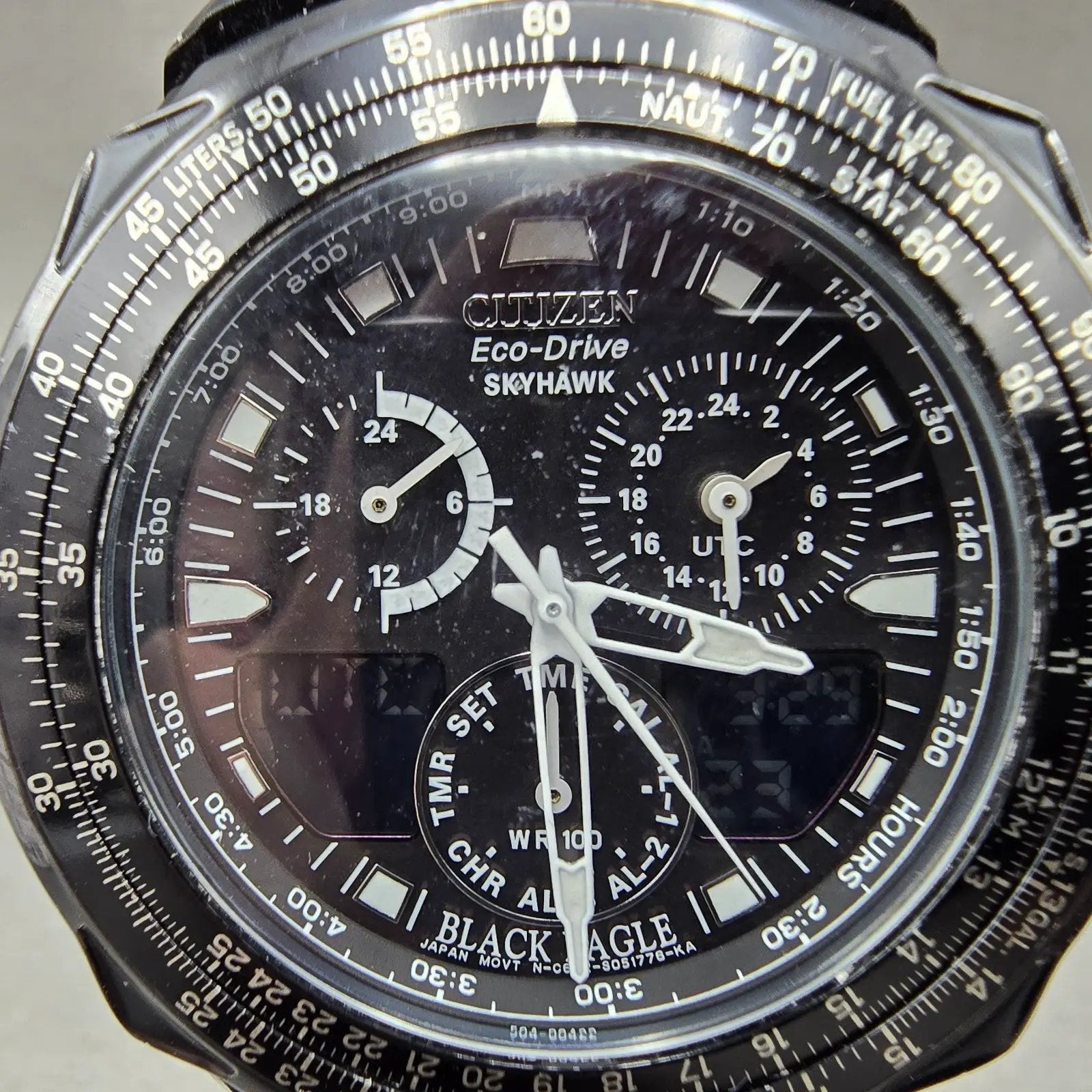 Citizen Eco-Drive Skyhawk Watch Men 43mm Black Alarm Chronograph Runs JR3155-54E1