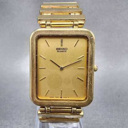 Seiko Tank Watch Men 23mm Champagne Dial Gold Tone Rectangle 73205889 New Batt0