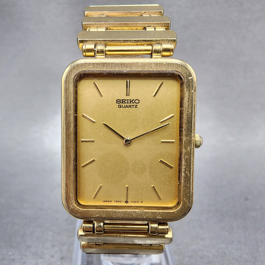 Seiko Tank Watch Men 23mm Champagne Dial Gold Tone Rectangle 73205889 New Batt0