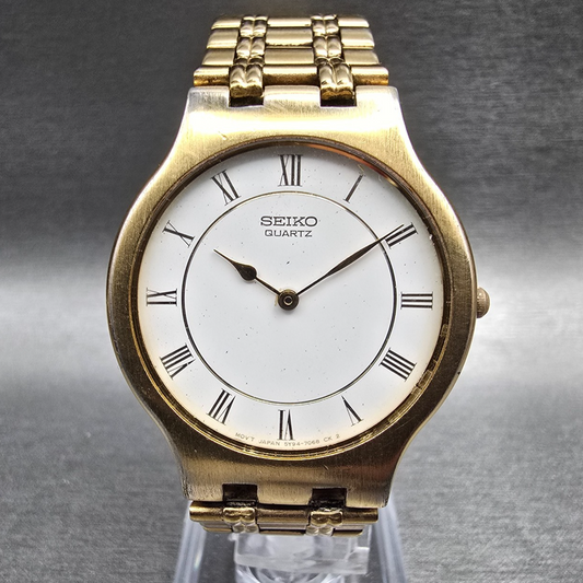 Seiko Watch Men 33mm White Dial Gold Tone Round 5Y94-7029 New Battery Vintage0