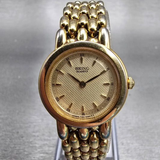 Seiko Watch Women 21mm Gold Dial Gold Tone Round 1F20-0F50 New Battery Vintage0