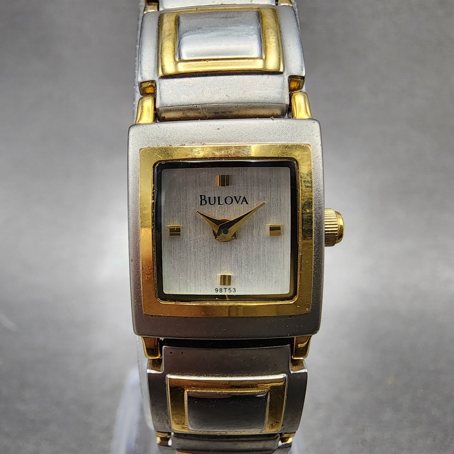 Bulova Watch Women 15mm Silver Dial Two Tone Rectangle 98T53 New Battery0