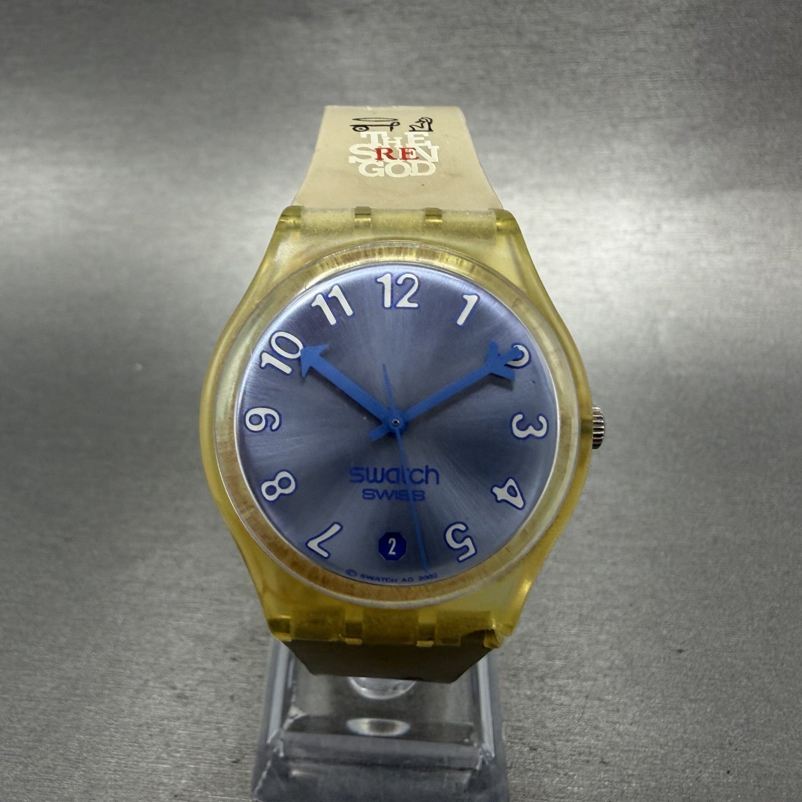 Swatch Cold Kiss Watch Men 34mm Blue Dual Clear Tone Date Round GE401 New Batter0