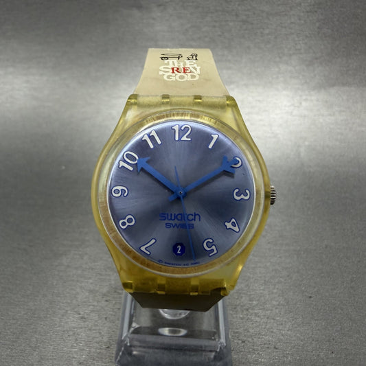 Swatch Cold Kiss Watch Men 34mm Blue Dual Clear Tone Date Round GE401 New Batter0