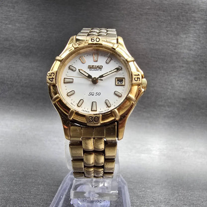 Seiko SQ Watch Women 25mm White Dial Gold Tone Date Round 7N82-0261 New Battery5