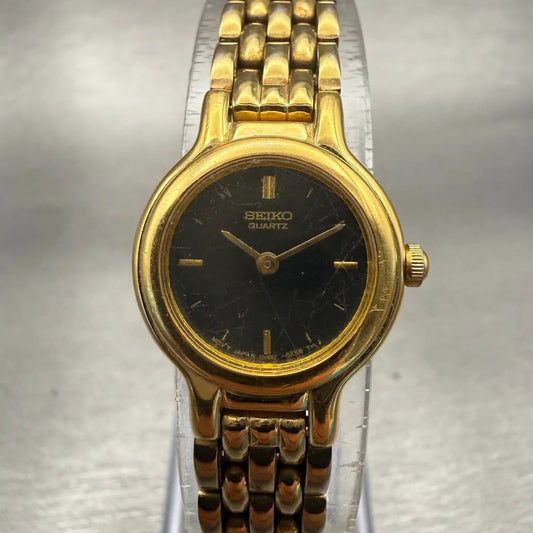 Seiko Watch Women 19mm Black Dial Gold Tone Round 1N00-0C49 New Battery Vintage0