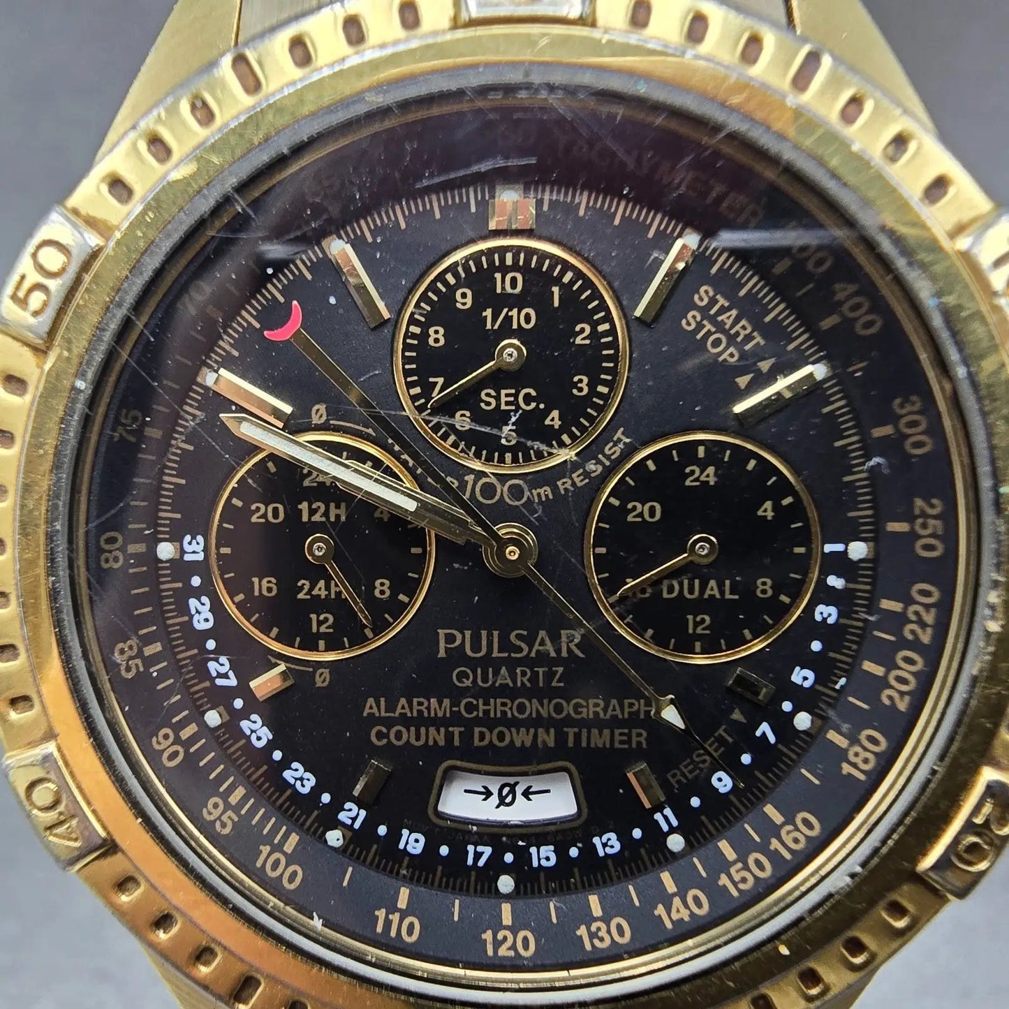 Seiko Pulsar Watch Men 40mm Black Dial Gold Tone Alarm Chronograph N944 PARTS2